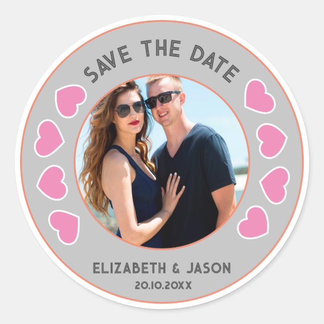 Angepasstes Save the Date Couple Foto Personalisie Runder Aufkleber (Vorderseite)