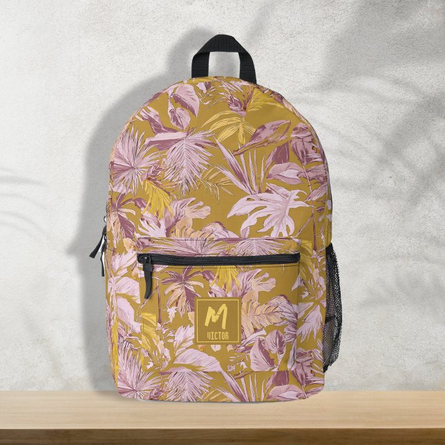 Angepasstes tropisches Leaf gelb grafisches modern Bedruckter Rucksack (Custom tropical leaf yellow graphic modern design printed, monogram backpacks, back to school)