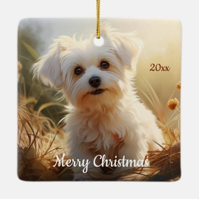Angepasstes Weihnachtsfest Malteser Hundetier Keramikornament (Rückseite)