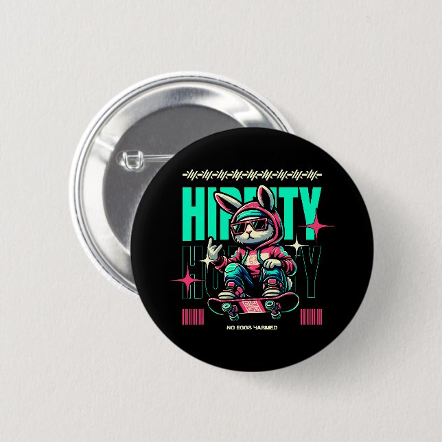 Angesagt-Hop-Hoppity - Skater Bunny Oster Button (Vorne & Hinten)