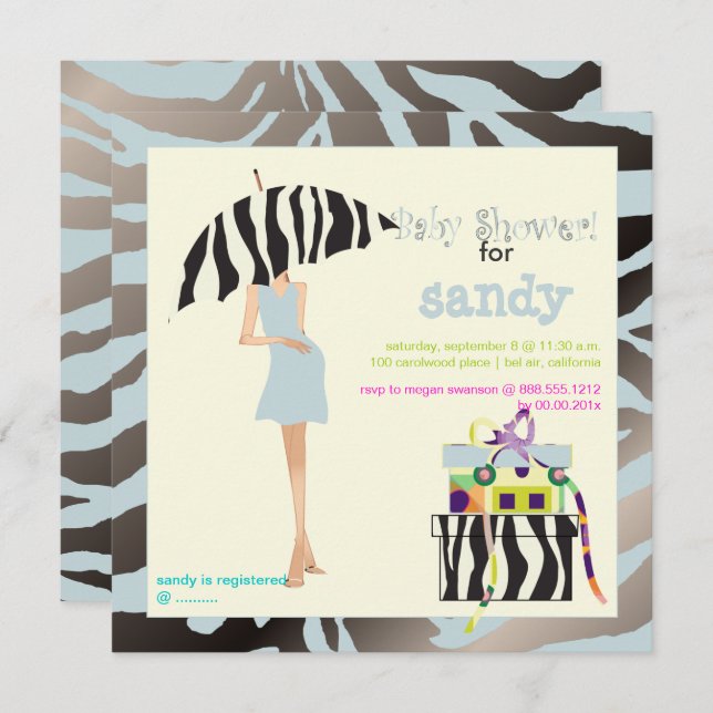 ANGESAGT MAMA, SILVERY BLUE ZEBRA BABY SHOWER INVI EINLADUNG (Vorne/Hinten)