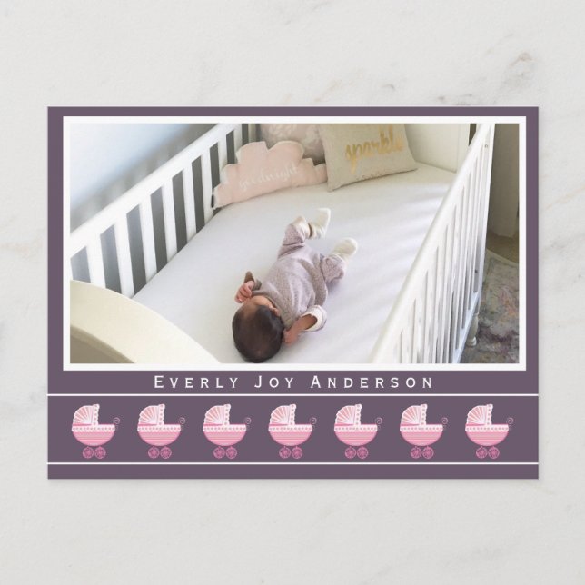 Angesagt Retro Pink Baby Buggy Baby Girl Foto Ankündigungspostkarte (Vorderseite)