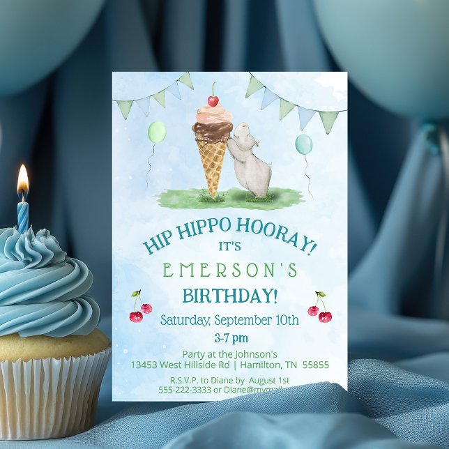 Angesagte Hippo Hooray Geburtstagsparty Einladung (Hip Hippo Hooray Birthday Party Invitation with cherries and Balloons)