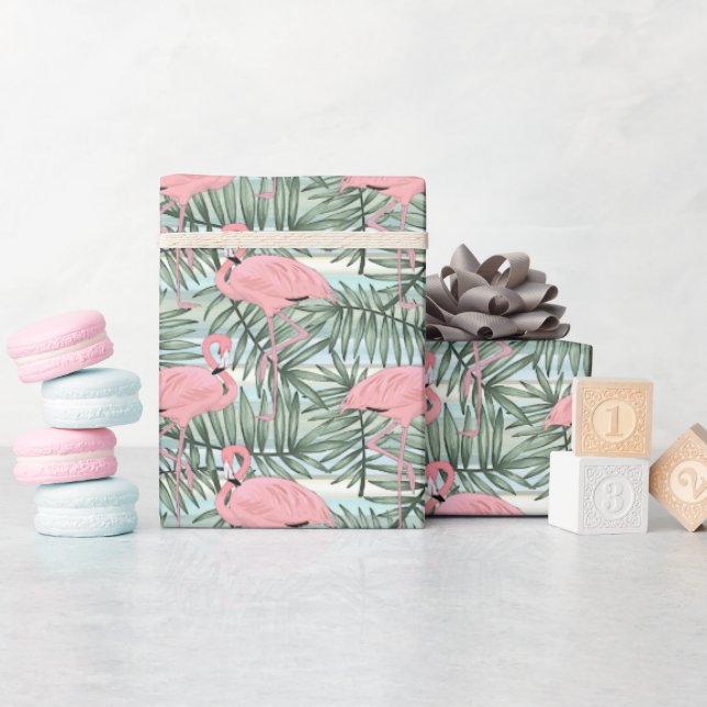 Angesagte rosa Flamingos Niedliche Palmenblätter K Geschenkpapier (Babyparty)