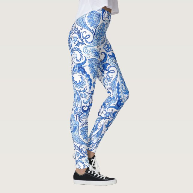 Angesagtes Licht und dunkelblaue Blüten - Paisley  Leggings (Rechts)