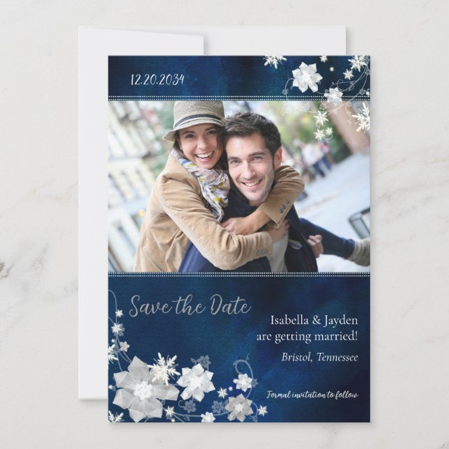 Angesagtes Marine-Blau-Winter-Foto, das Save the Date (Vorderseite)