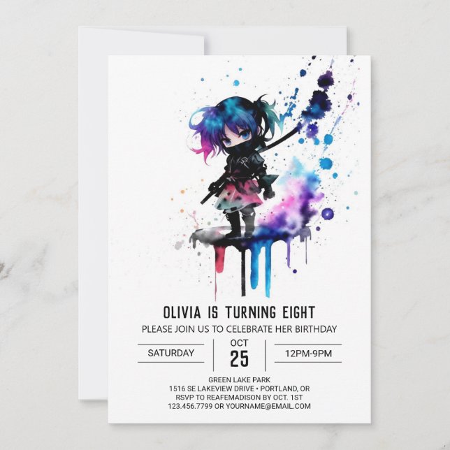 Angestrichen Simple Ninja Digital Girl Geburtstag Einladung (Vorderseite)