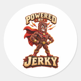 Angetrieben von Jerky Superhero Runder Aufkleber