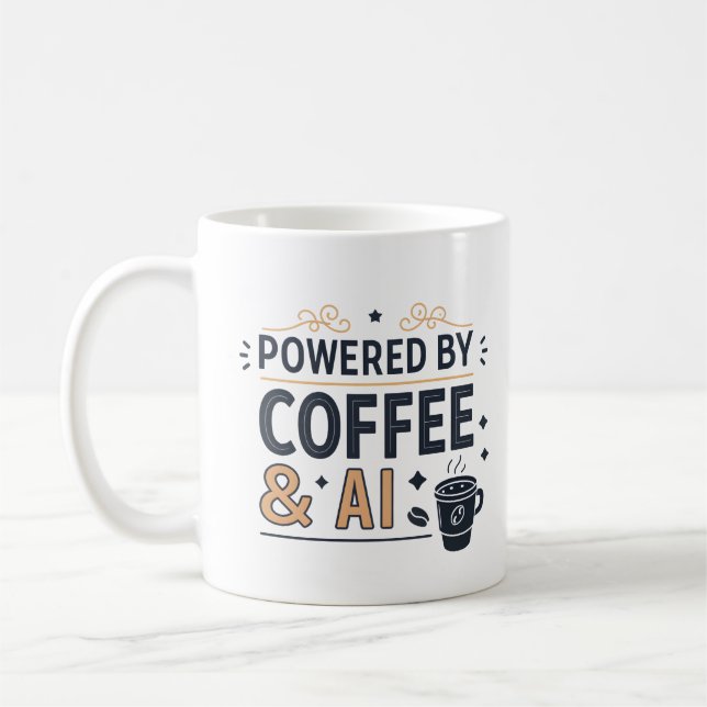 Angetrieben von Kaffee & AI Retro-Tech-Vektor Kaffeetasse (Links)