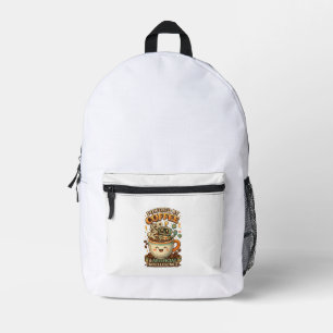 Angetrieben von Kaffee und KI Retro-Kaffee-Tech-Gr Bedruckter Rucksack