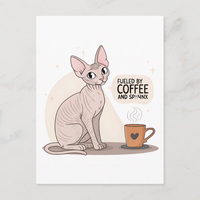 Angetrieben von Kaffee und Sphynx-Katzen-Illustrat Postkarte (Vorderseite)