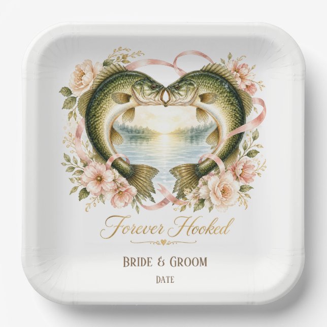 Angler-Hochzeit mit Rute und Blumen  Pappteller (Vorderseite)