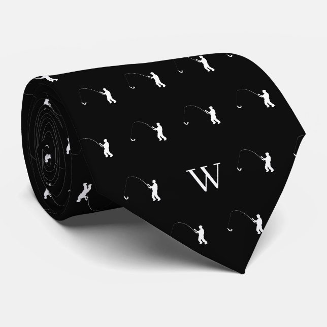 Angler-Tackle-Köder-Monogramm-Initial-Schwarz-Weiß Krawatte (Gerollt)