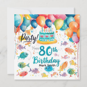 Angler zum 80. Geburtstag Wasserfarben  Einladung