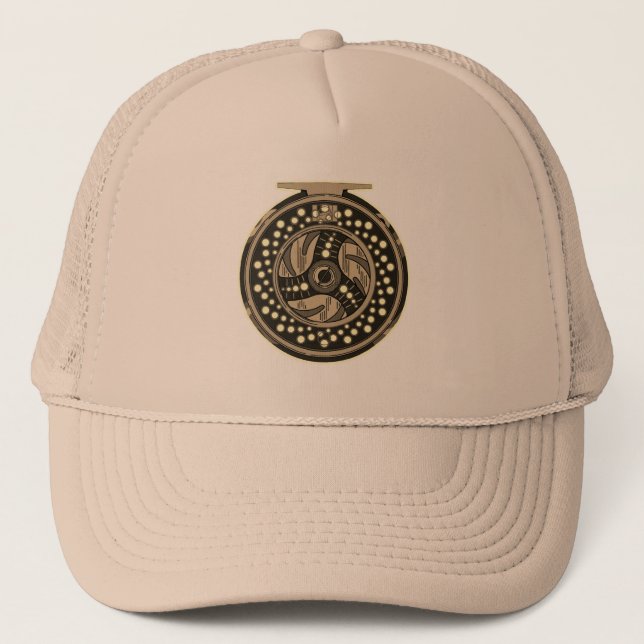 Angler's Cap Hat mit Fly Fishing Fly Reel Picture Truckerkappe (Vorderseite)