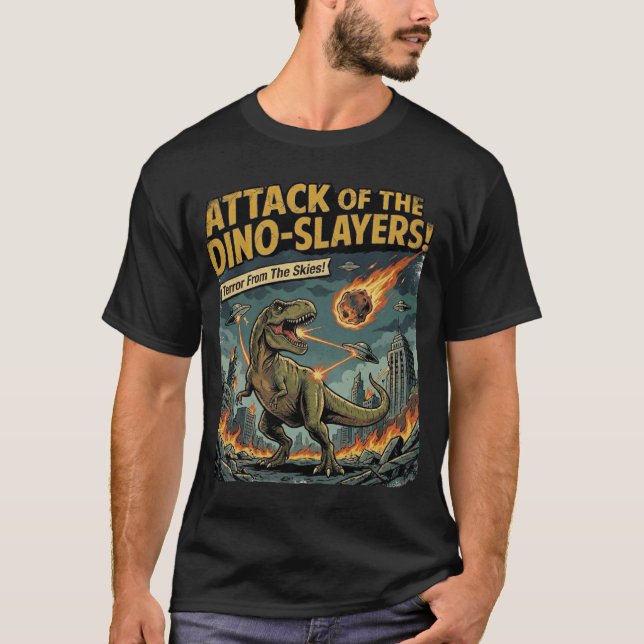 Angriff der Dino-Jäger! Retro-Sci-Fi-T-Rex vs  T-Shirt (Vorderseite)