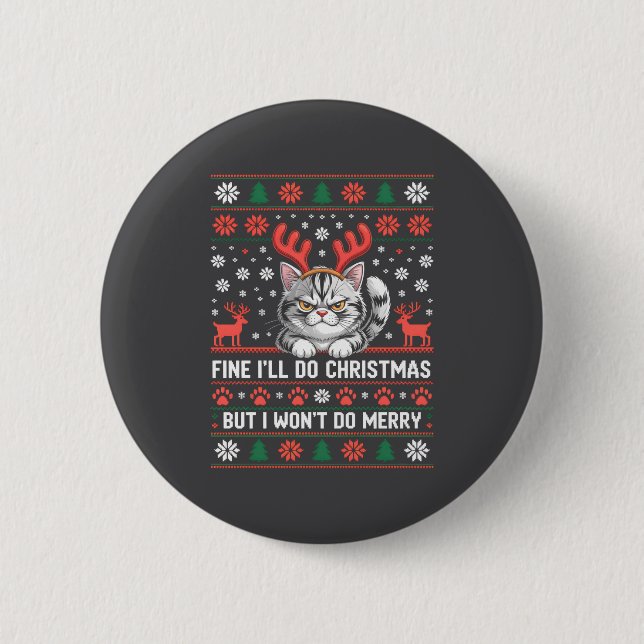 Angry Antler Cat Funny Xmas Ugly Sweater Long Slee Button (Vorderseite)