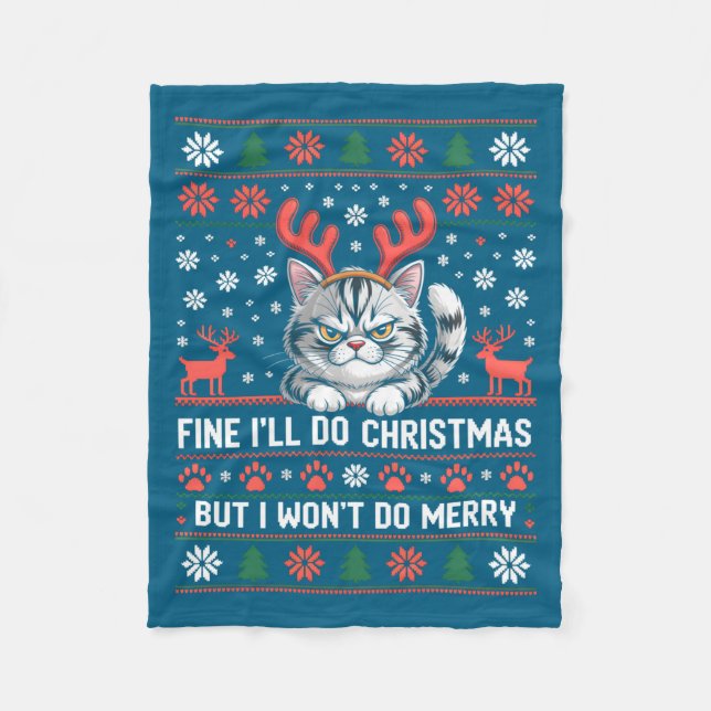 Angry Antler Cat Funny Xmas Ugly Sweater Long Slee Fleecedecke (Vorderseite)