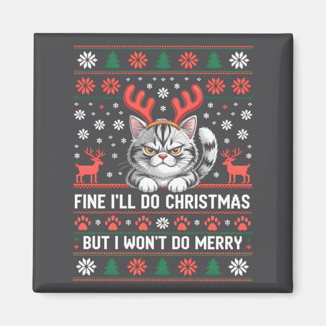 Angry Antler Cat Funny Xmas Ugly Sweater Long Slee Magnet (Vorne)