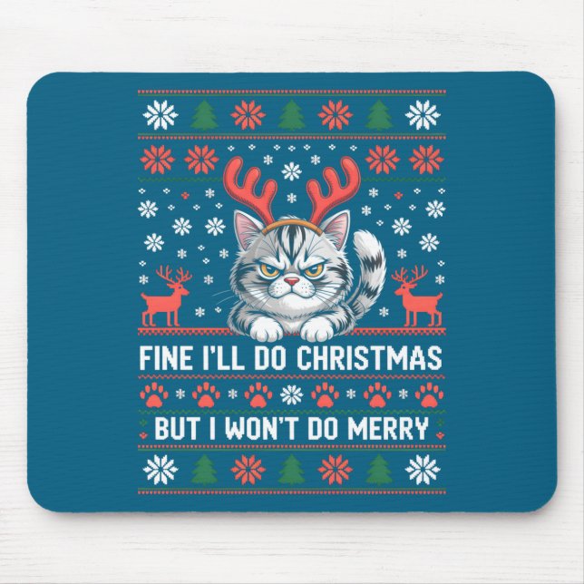 Angry Antler Cat Funny Xmas Ugly Sweater Long Slee Mousepad (Vorne)