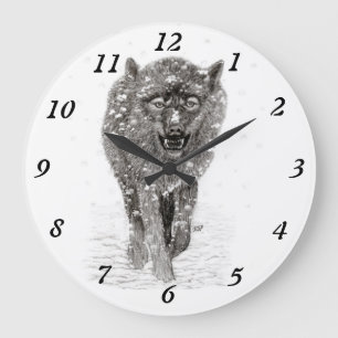 Angry Black Wolf in the Snow , wild Winter Große Wanduhr