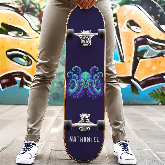 Angry Blue Kraken Octopus Personalisierter Name Skateboard (Von Creator hochgeladen)
