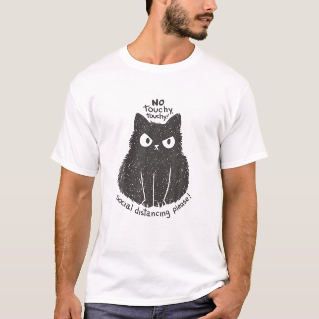 Angry Cat Animal Cartoon soziale Distanz Bitte T-Shirt (Vorderseite)