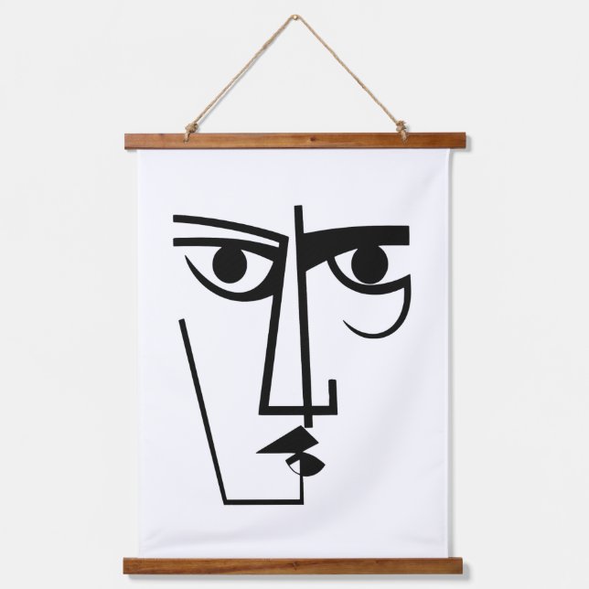 Angry Eyes Expression Abstrakt Face Line Art Wandteppich Mit Holzrahmen (Vorderseite)