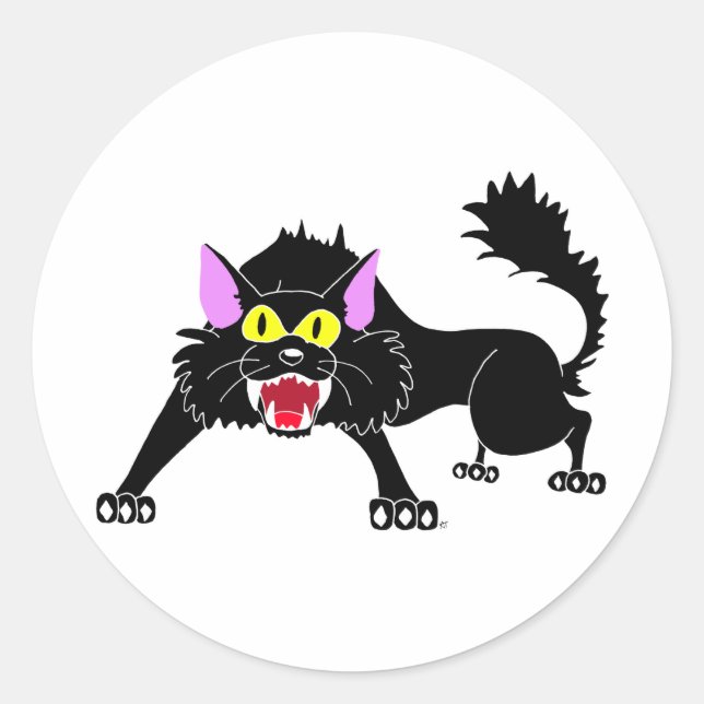 Angry Hissing Black Cat Cartoon Runder Aufkleber (Vorderseite)
