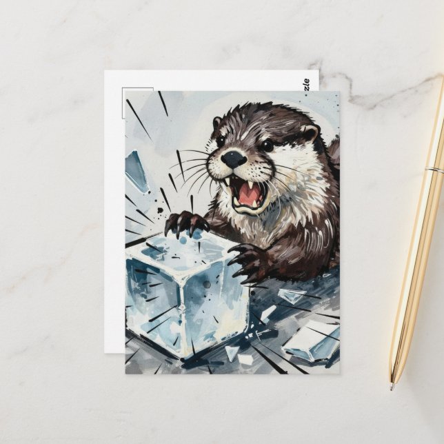 Angry otter breaking an ice block  postkarte (Vorderseite/Rückseite Beispiel)