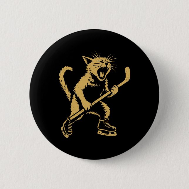 Angry Skating Cat Playing Ice Hockey Graphic  Button (Vorderseite)