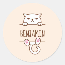 Angry White Cat Beige Individuelle Name Runder Aufkleber