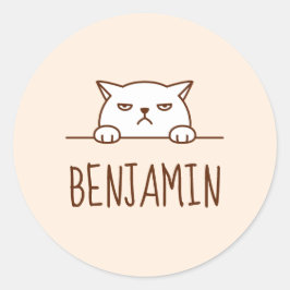 Angry White Cat Beige Individuelle Name Runder Aufkleber