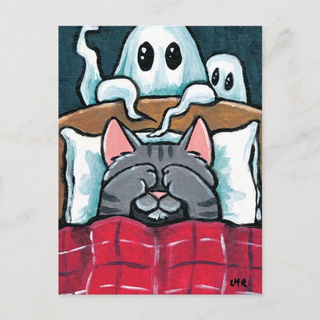 Angst vor Geistertabby Katze in Bed Illustration Postkarte (Vorderseite)