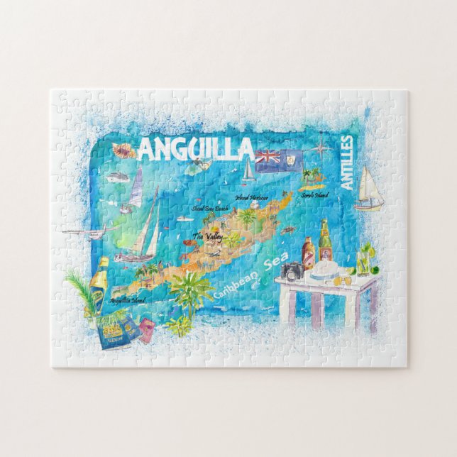 Anguilla Antilles Illustrierte Karibik Reisekarte Puzzle (Horizontal)