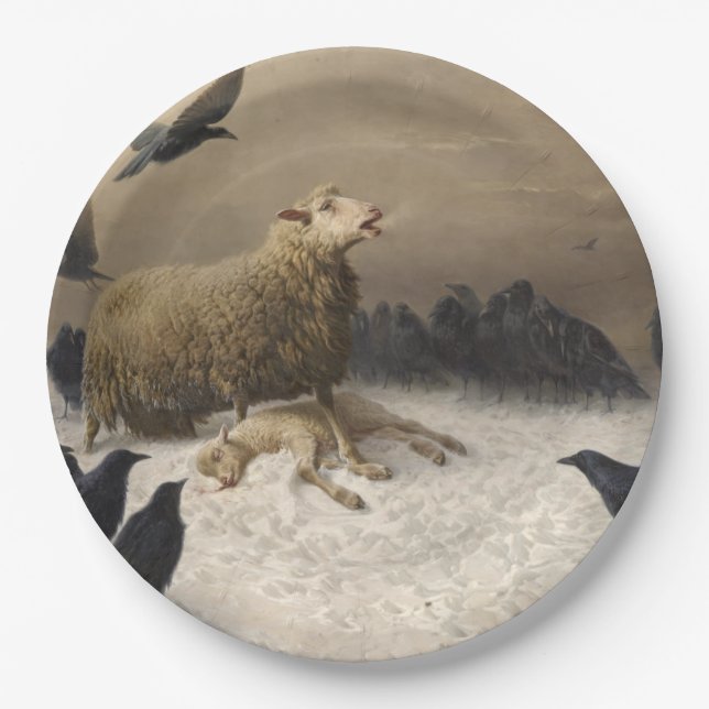 Anguisch: Schafe mit einem toten Lamm Pappteller (Vorderseite)