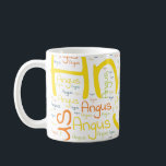 Angus Kaffeetasse<br><div class="desc">Angus. Zeigen und tragen Sie diesen beliebten schönen männlichen Vornamen, der als bunte Wortwolke aus horizontaler und vertikaler, kursiver Handschrift in verschiedenen Größen und bezaubernden frischen Farben entworfen wurde. Tragen Sie Ihren positiven amerikanischen Namen oder zeigen Sie der Welt, wen Sie Liebe oder Verehrung. Mit diesem Soft-Text-Kunstwerk zu vereinen ist...</div>