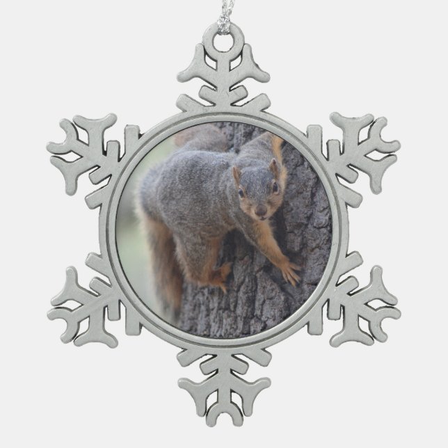 Anhaftendes Eichhörnchen Schneeflocken Zinn-Ornament (Vorderseite)