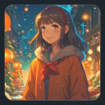 Ani mazing Christmas Anime Pun Quadratischer Aufkleber<br><div class="desc">Hübsches Anime-Mädchen draußen auf einer Winternachtskarte.</div>