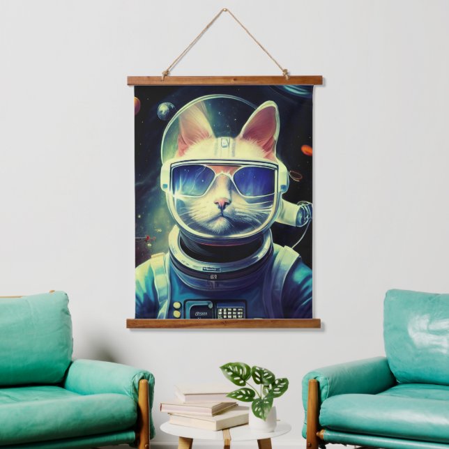 Animal Astronaut Space walk, Universum, Katze Wandteppich Mit Holzrahmen (Wohnzimmer)