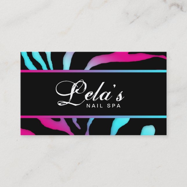 Animal Business Card Zebra Nail Salon Blue Pink Visitenkarte (Vorderseite)