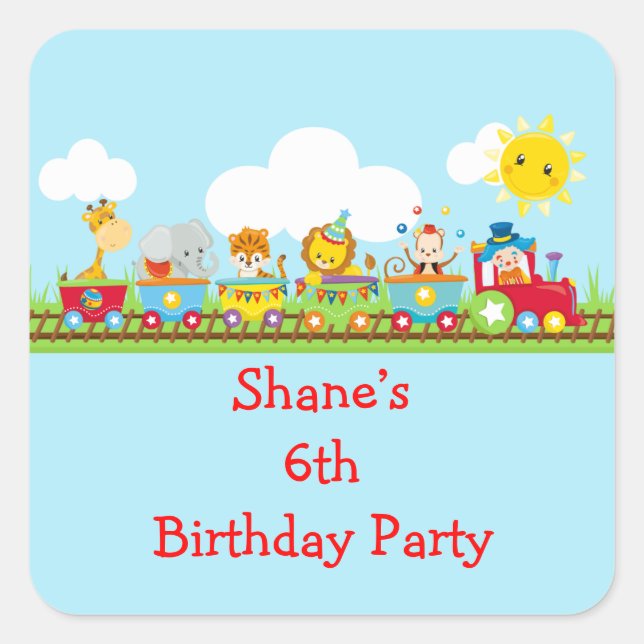 Animal Circus Train Kids Birthday in Red Quadratischer Aufkleber (Vorderseite)