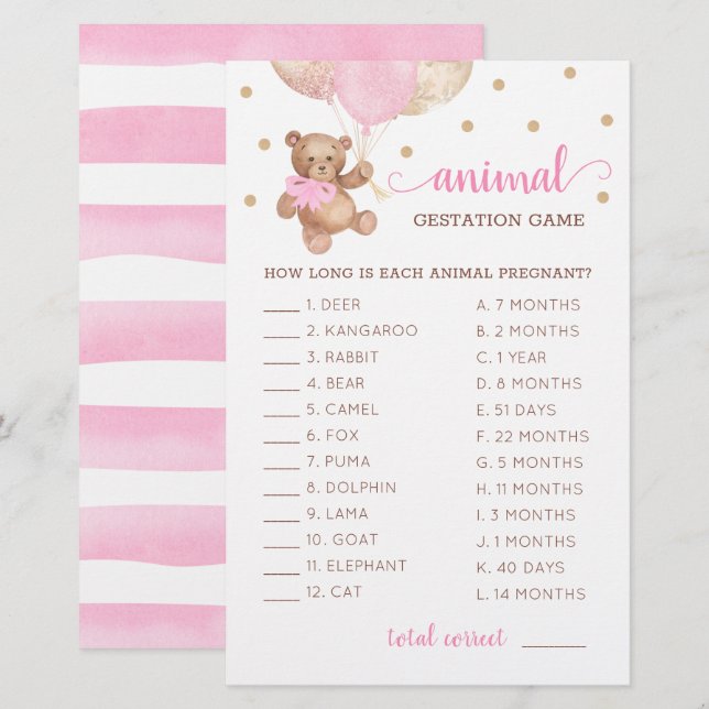 Animal Gestation Game Baby Shower Teddy Bär (Vorne/Hinten)