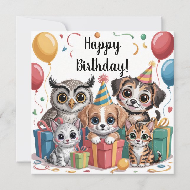 Animal Party Illustration with Puppies, Kittens Karte (Vorderseite)