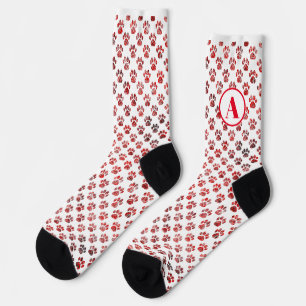 Animal Paw Silhouette Christmas Red Monogram Socken