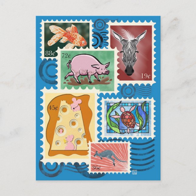 Animal Postage Stamps Postcards Feiertagspostkarte (Vorderseite)