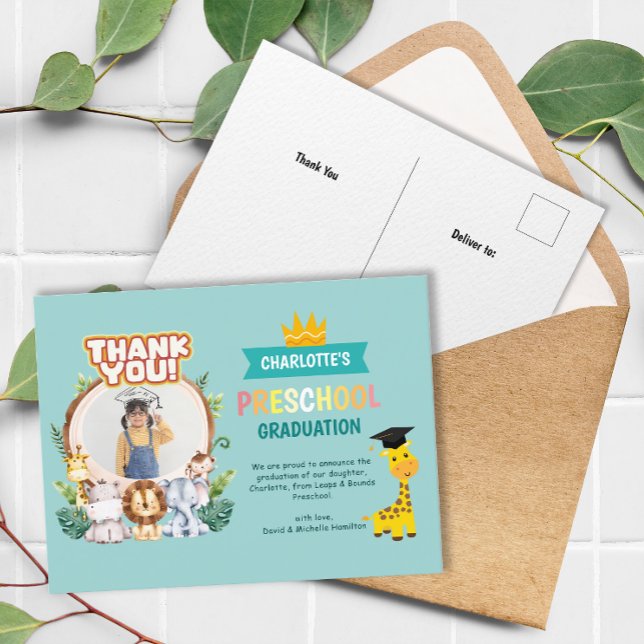 Animal Preschool Foto Abschluss Vielen Dank Postkarte (Animal Preschool Photo Graduation Thank You Postcard)