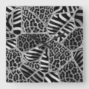 Animal Print - Leopard and Zebra - silver Quadratische Wanduhr