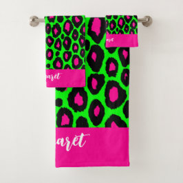 Animal print leopard neon green & custom name badhandtuch set