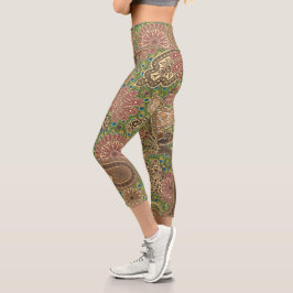 Animal Prints Warm Coral Gold Fantasy Paisley Capri Leggings